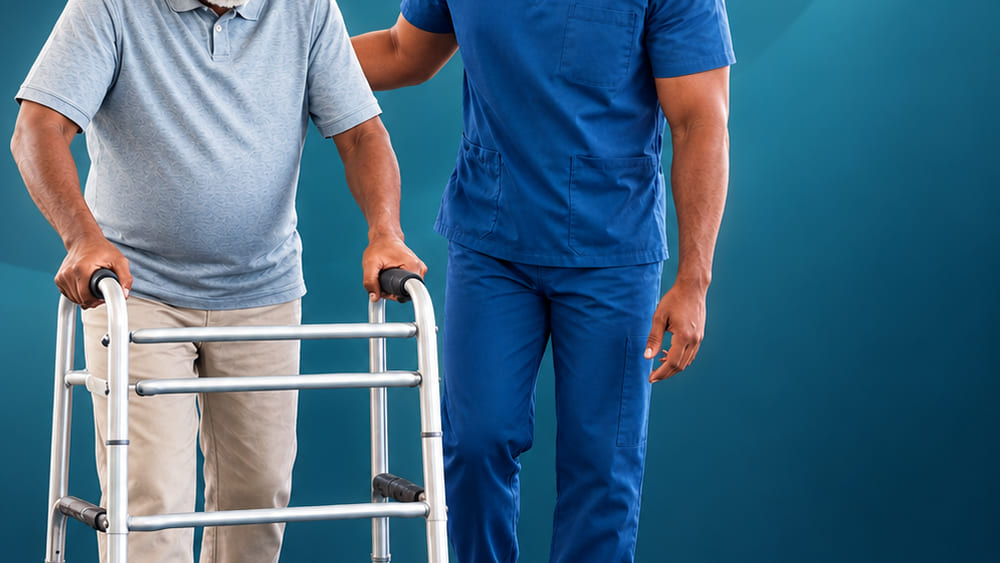 A caregiver walking alongside a resident using a walker
