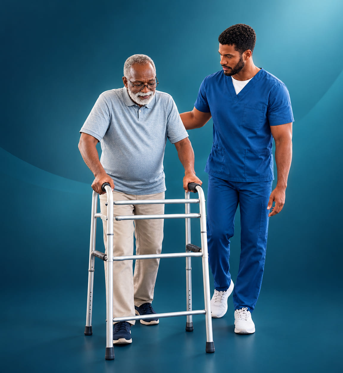 A caregiver walking beside a resident using a walker in a bright room