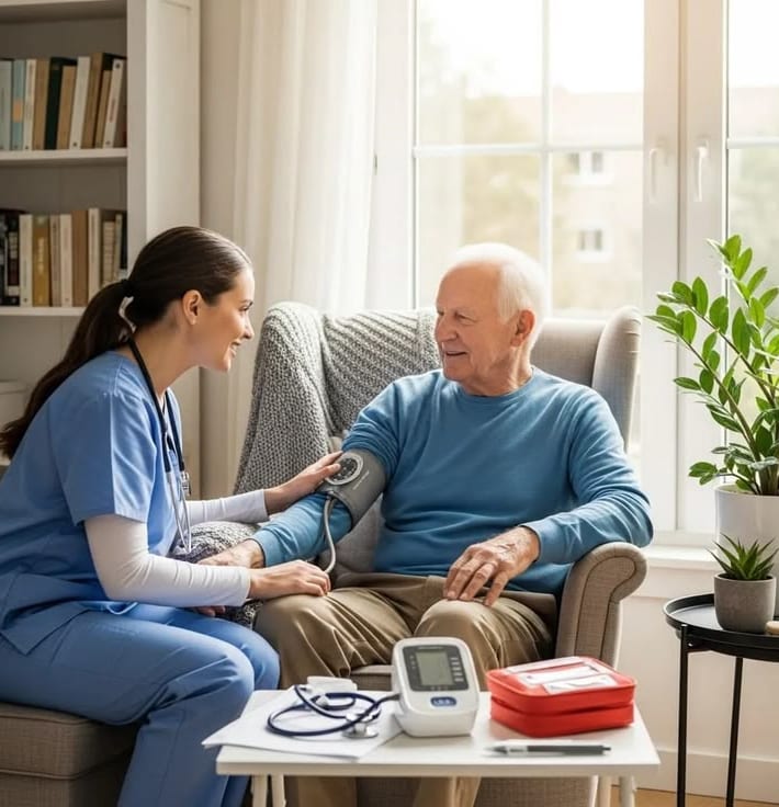 A nurse taking a resident's blood pressure in a bright living room